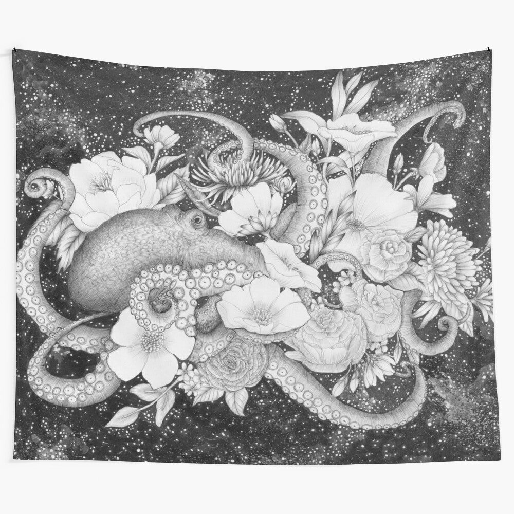 Enchanting octopus tapestry featuring a surreal, cosmic ocean design