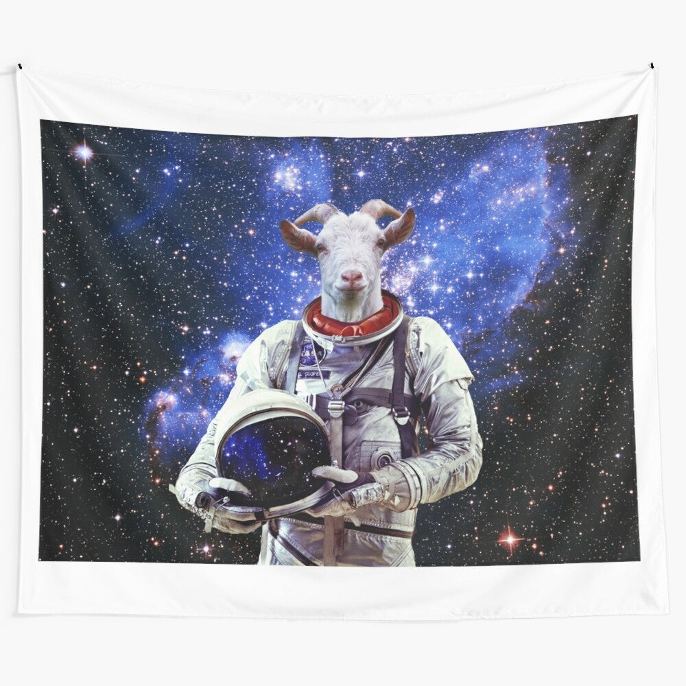 Goat astronaut in a cosmic, psychedelic space scene tapestry