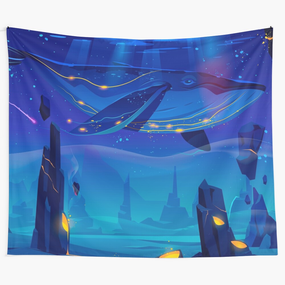 Retro synthwave space tapestry featuring a whale in a neon landscape