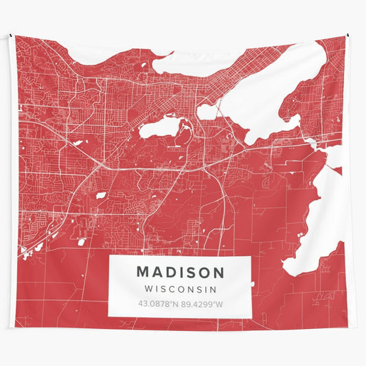 Madison, Wisconsin map tapestry featuring a black and white design with a jigsaw puzzle style