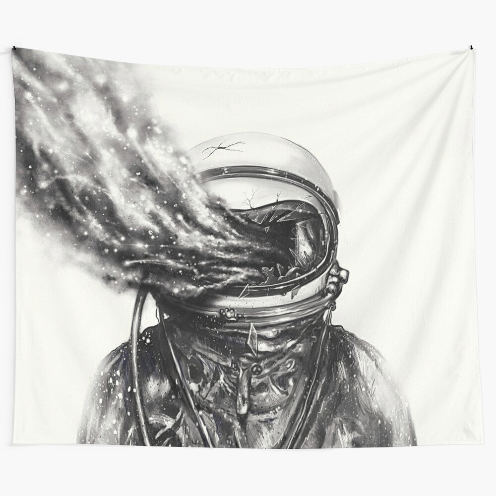 Surreal space-themed transposed tapestry design with an astronaut silhouette and cosmic elements