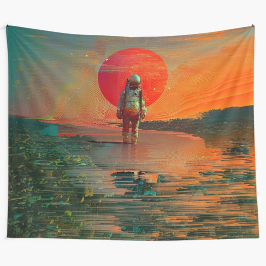 Vibrant tapestry depicting a surreal, cosmic scene with an astronaut and celestial elements