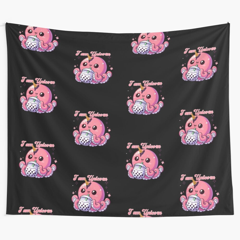 Colorful tapestry featuring a cute unicorn octopus sipping bubble tea