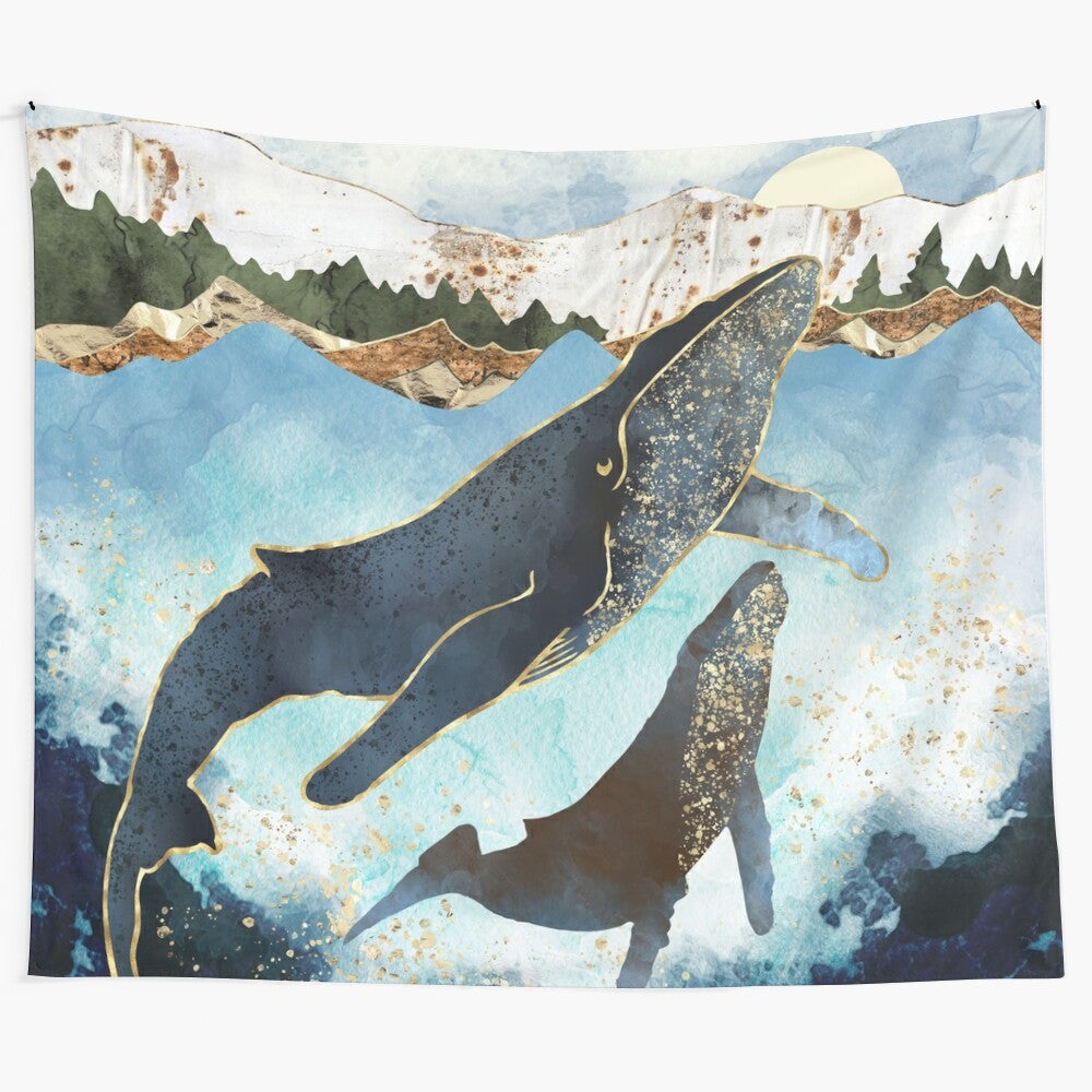 Captivating watercolor painting depicting a mother and child orca swimming in a vibrant, nature-inspired seascape