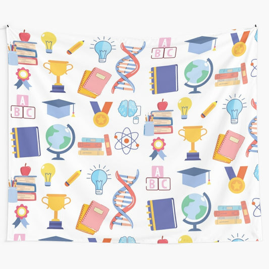 Colorful educational patterns tapestry with pencils, books, and academic symbols