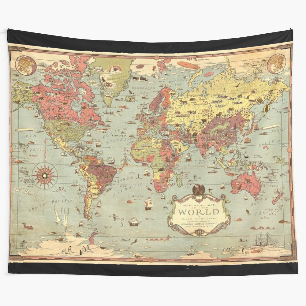 Vintage-inspired world map tapestry featuring a detailed, retro-style map of the globe