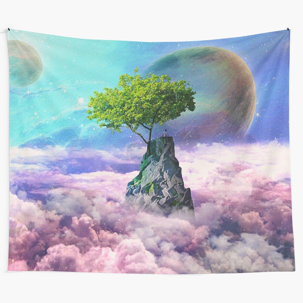 Surreal tapestry depicting a celestial, interstellar scene with a tree