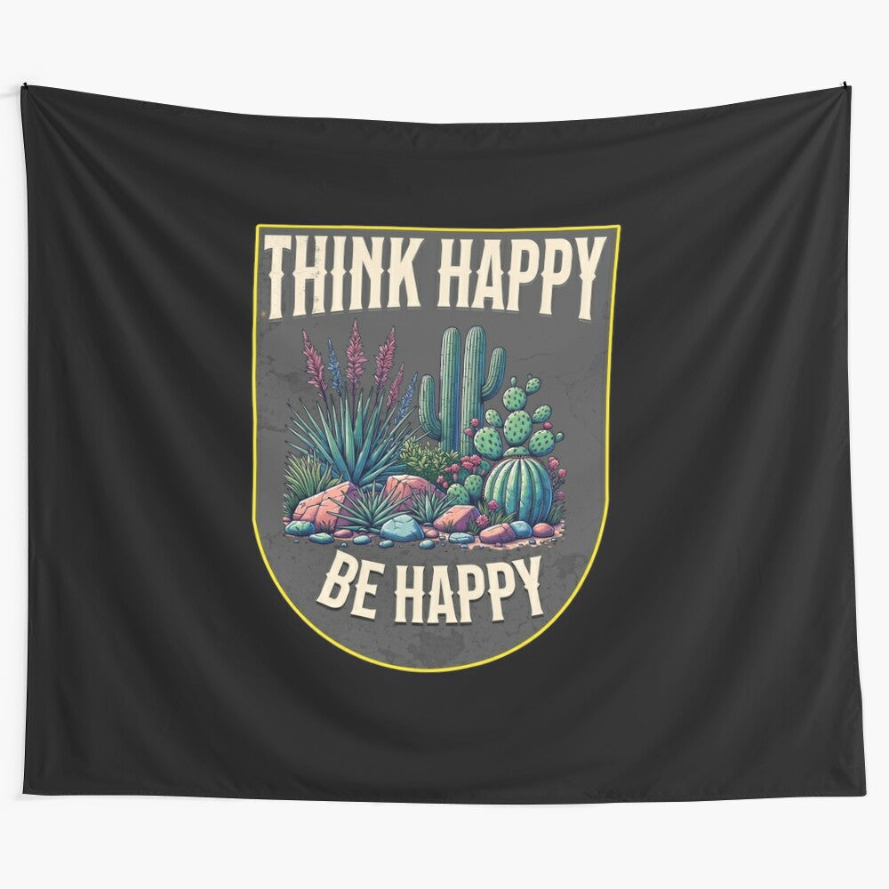 Retro design with positive affirmation "Think happy be happy" and flowers growing from book for tapestry, t-shirts, mugs, and more