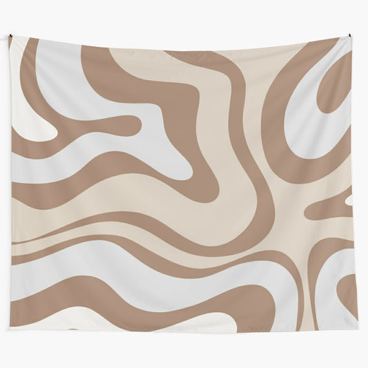 Abstract art tapestry featuring a swirling liquid pattern in coffee brown and light silver grey