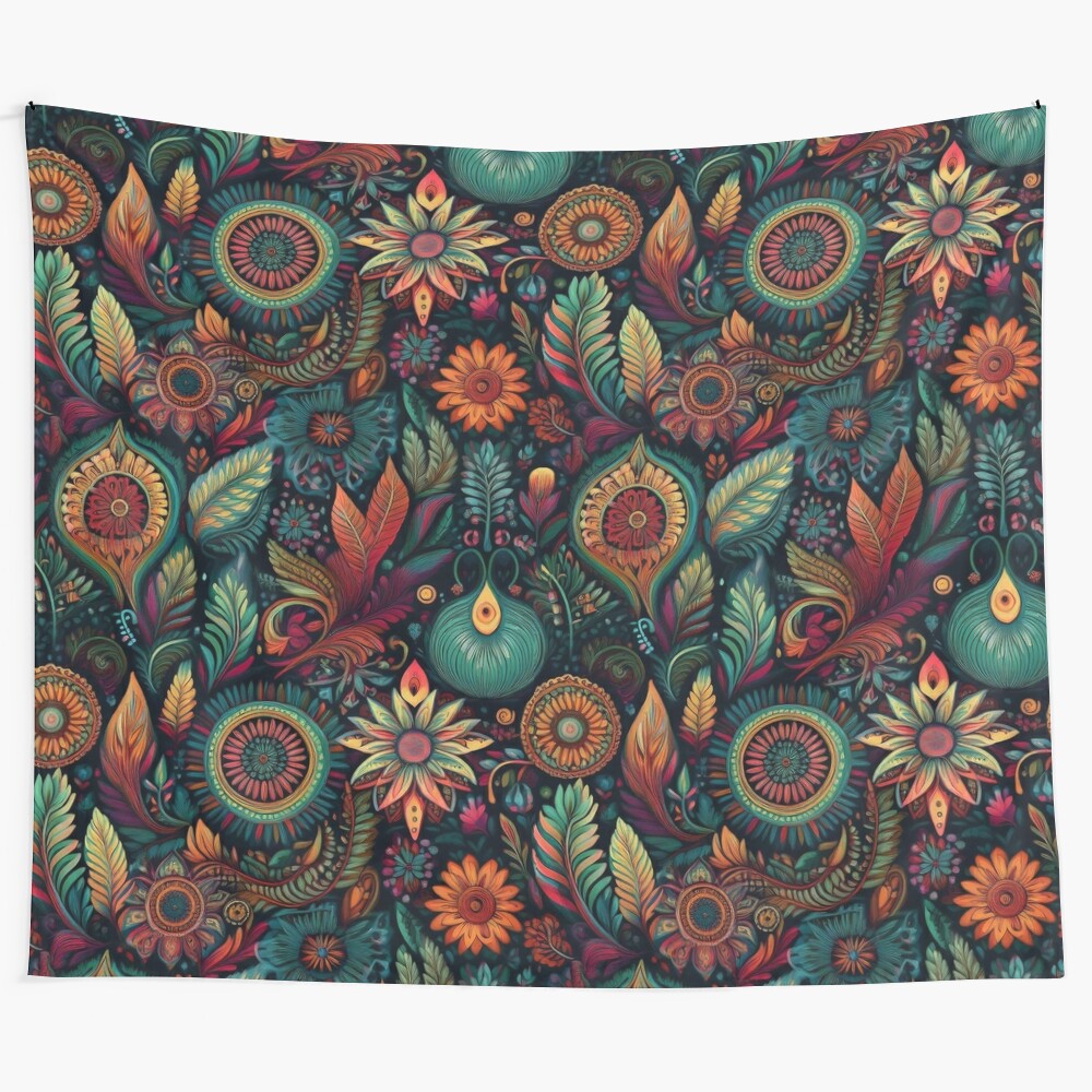 Retro boho style organic garden floral wall tapestry