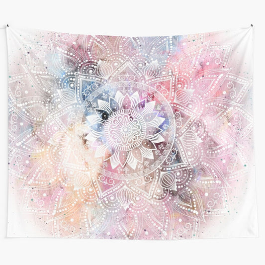 Whimsical watercolor mandala tapestry with modern floral and geometric design