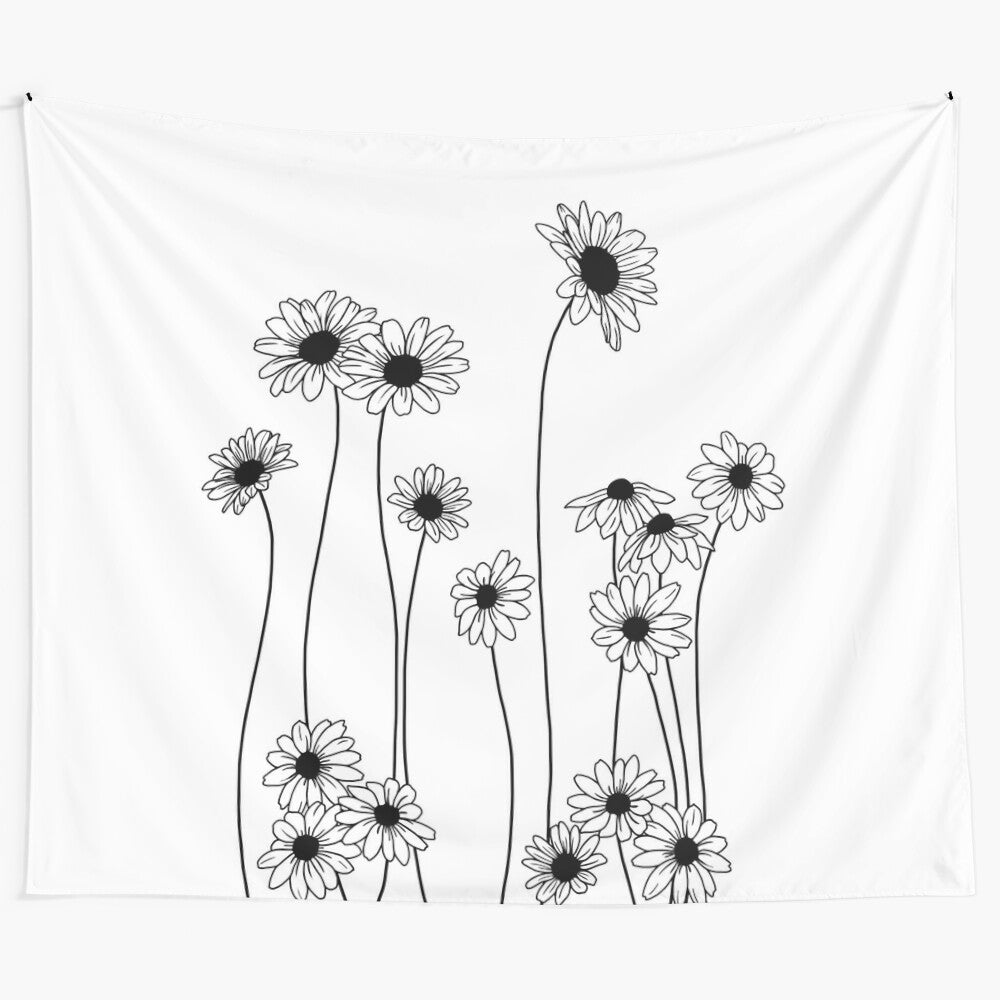 Botanical line drawing tapestry featuring a minimalist design of plants and flowers