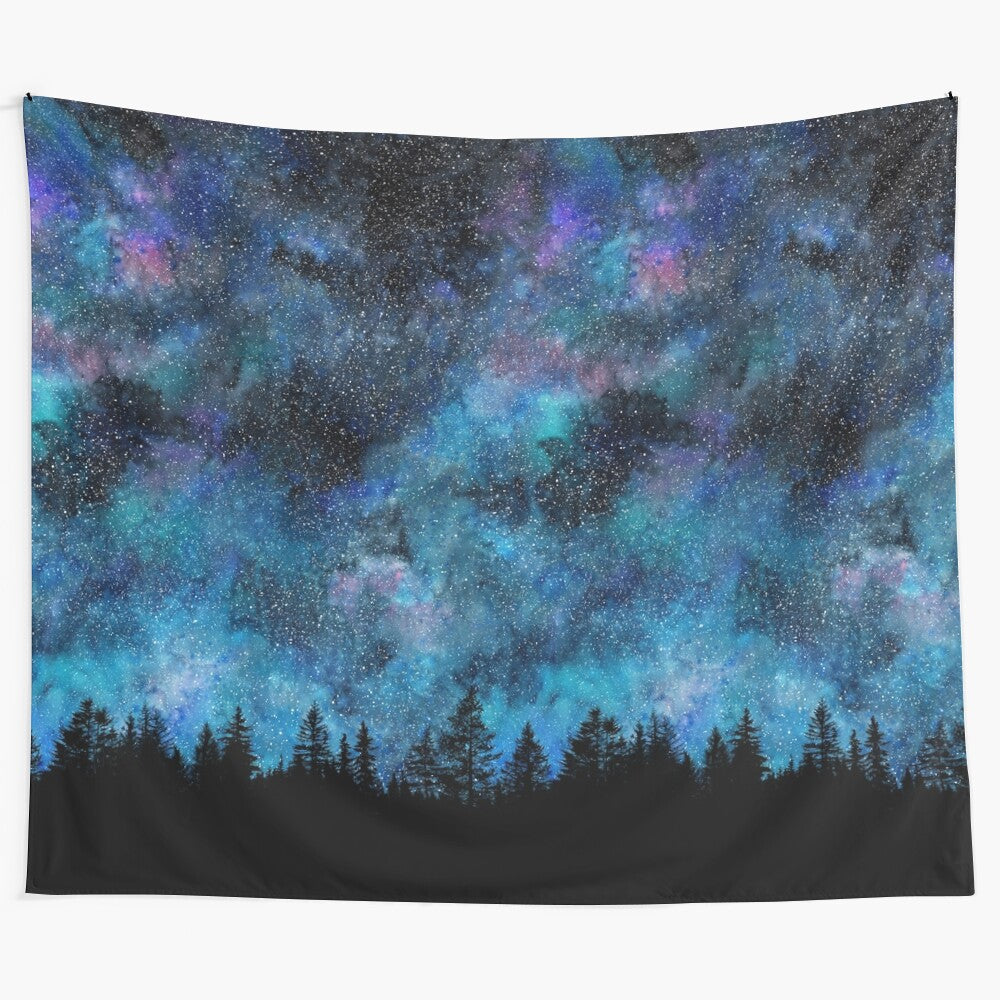 Captivating tapestry featuring a breathtaking night sky over a forest landscape