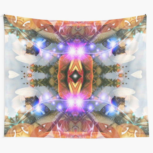 Vibrant abstract tapestry with psychedelic patterns and surreal imagery