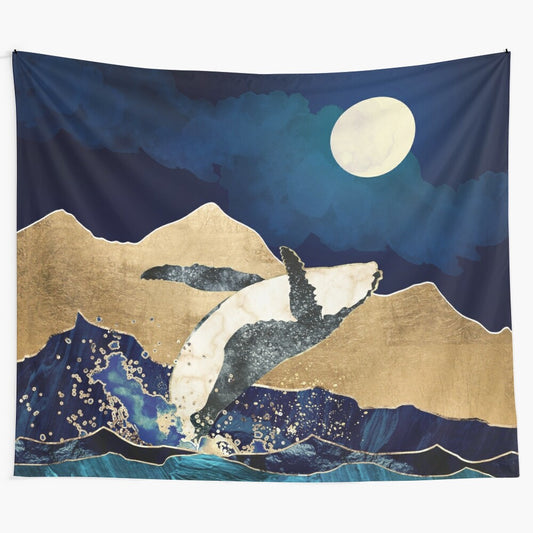 Contemporary live free tapestry depicting a whale and celestial landscape