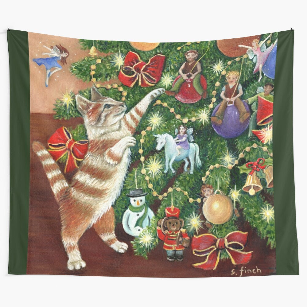 Fairy tapestry featuring a magical scene with fairies, elves, and a playful tabby cat