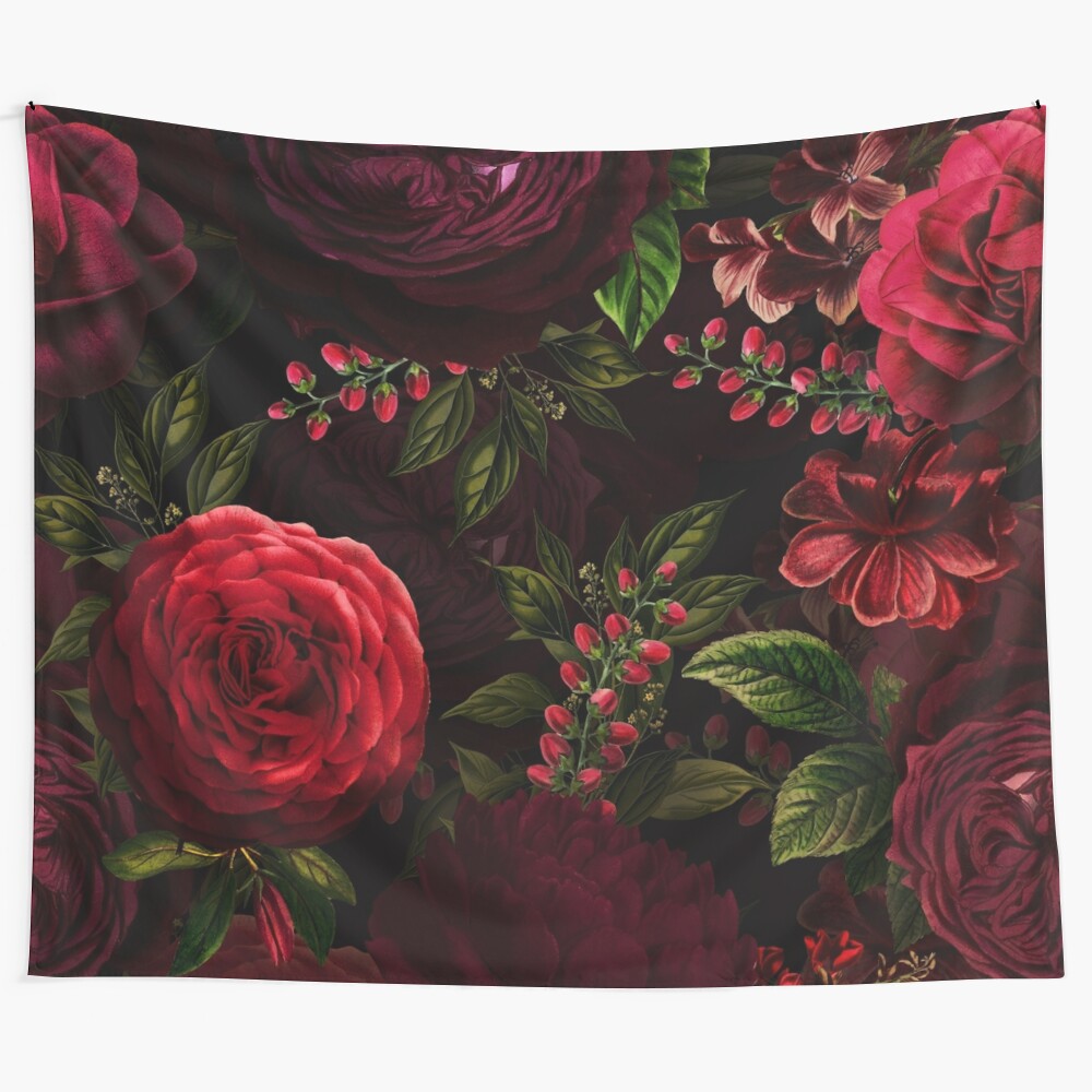 Mystical night botanical tapestry featuring a dark, vintage floral pattern