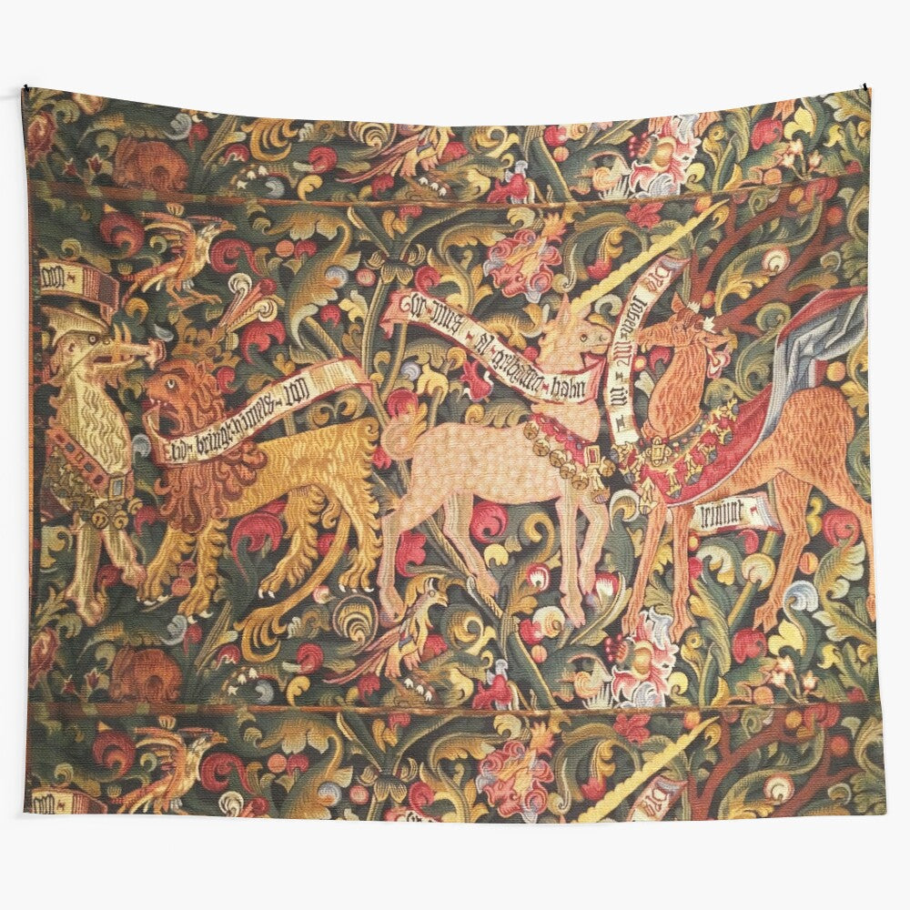 Colorful medieval-style tapestry featuring a unicorn, dragon, lion, and other fantasy animals amid vibrant floral and nature motifs