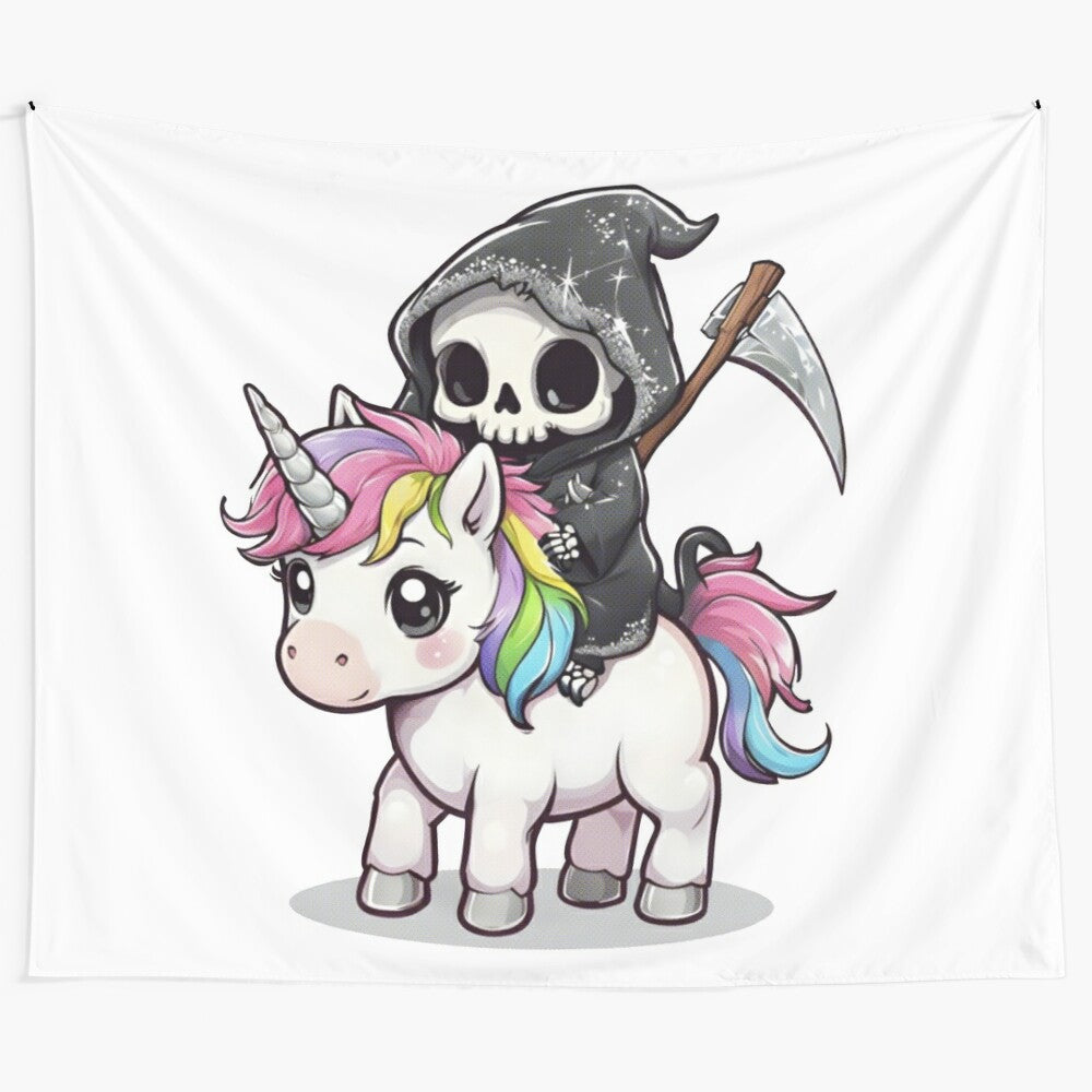 Charming chibi unicorn with a chibi grim reaper riding on its back, a unique and playful fantasy tapestry design