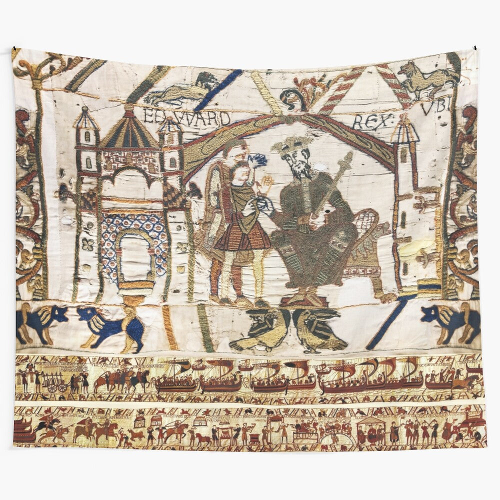 Bayeux Tapestry featuring Norman knights, King Edward, and the Norman conquest of England