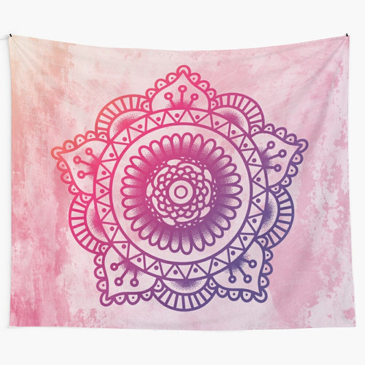 Boho pink purple mandala tapestry wall hanging with a trippy, aesthetic design