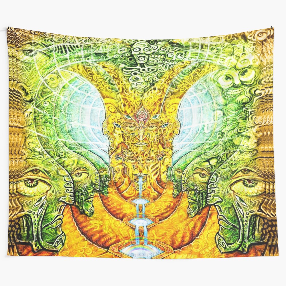 Psychedelic art tapestry featuring vibrant, visionary imagery