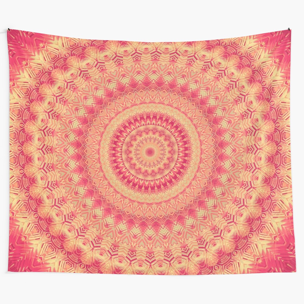 Colorful mandala tapestry with intricate flower of life and sacred geometry patterns