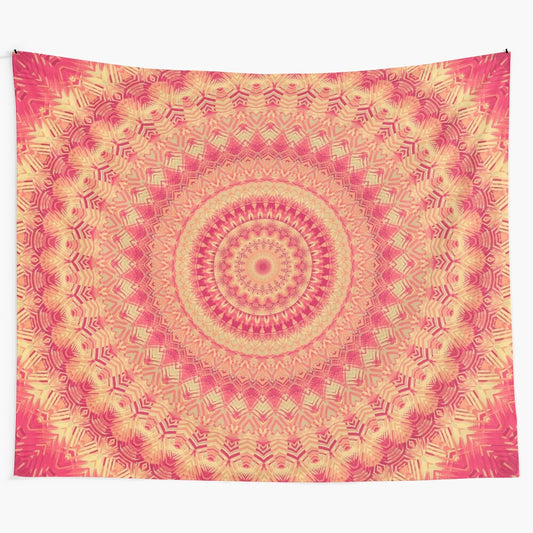 Colorful mandala tapestry with intricate flower of life and sacred geometry patterns