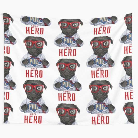 Adorable superhero pug cartoon illustration tapestry