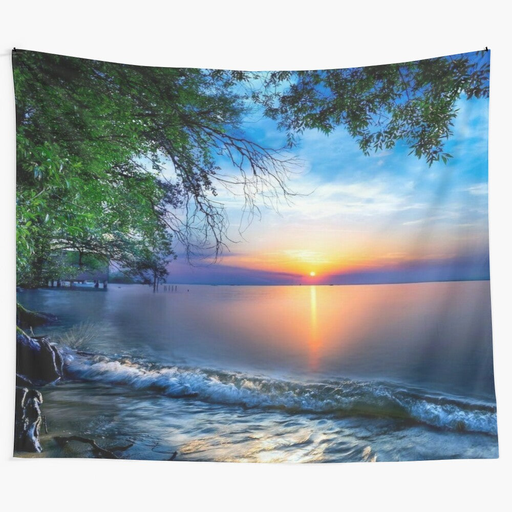 Blue ocean sunset landscape tapestry