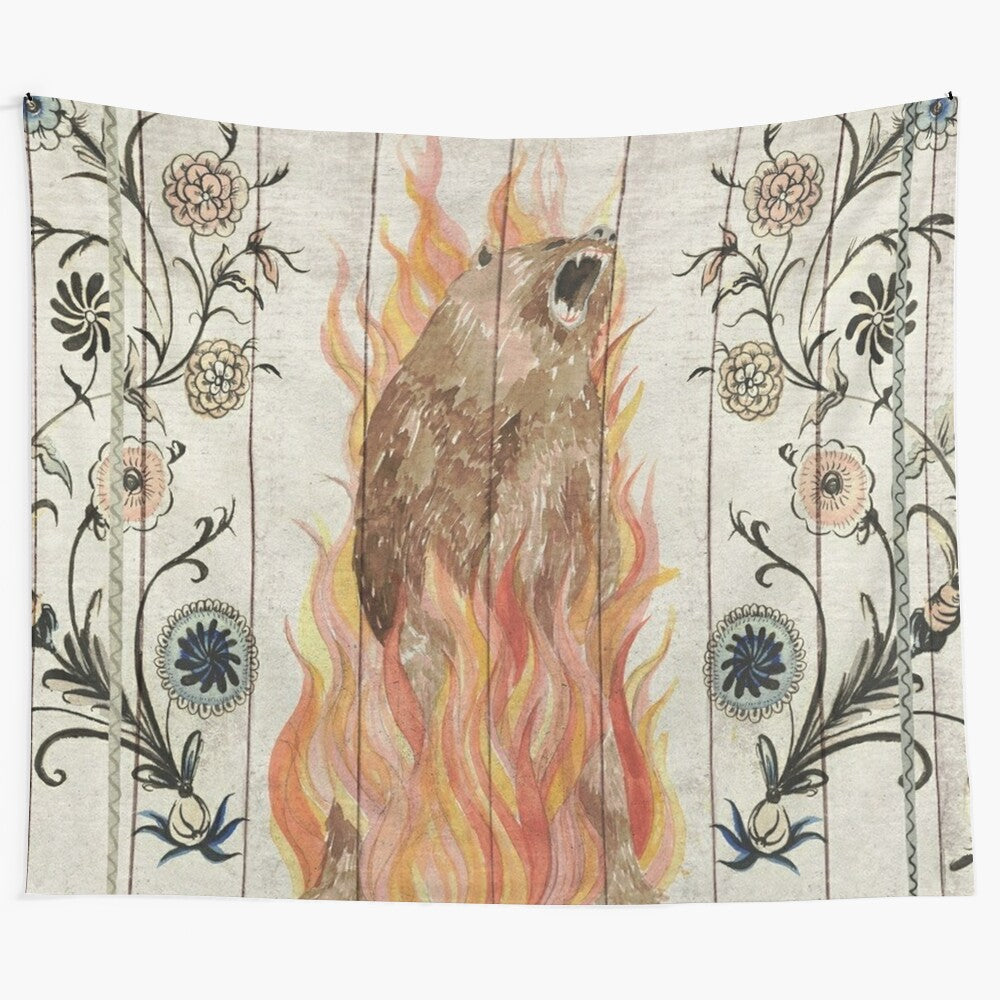 Midsommar horror movie-inspired tapestry with a bear