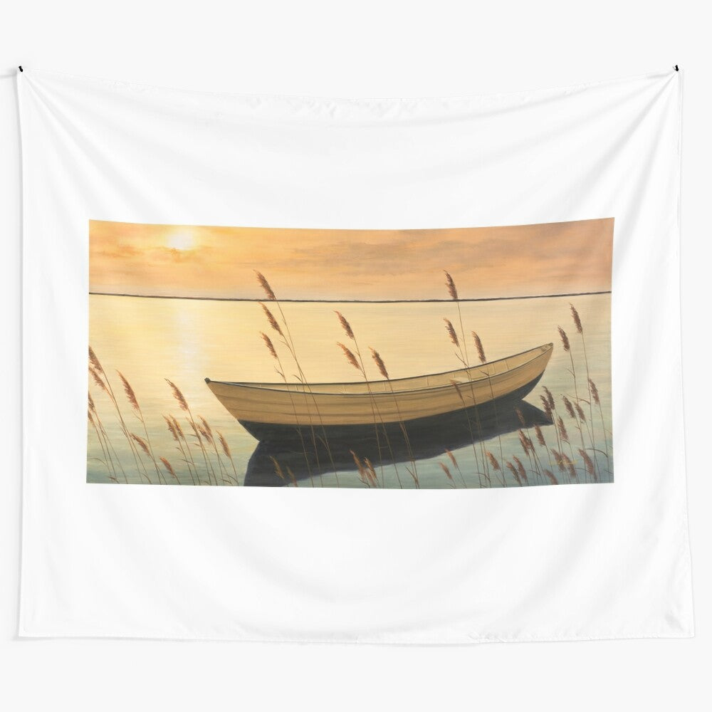 Coastal seascape tapestry featuring a boat, water, and sunset by artist Diane Romanello