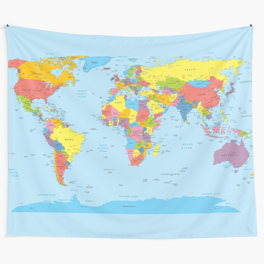 Vibrant world map tapestry with detailed continents and oceans