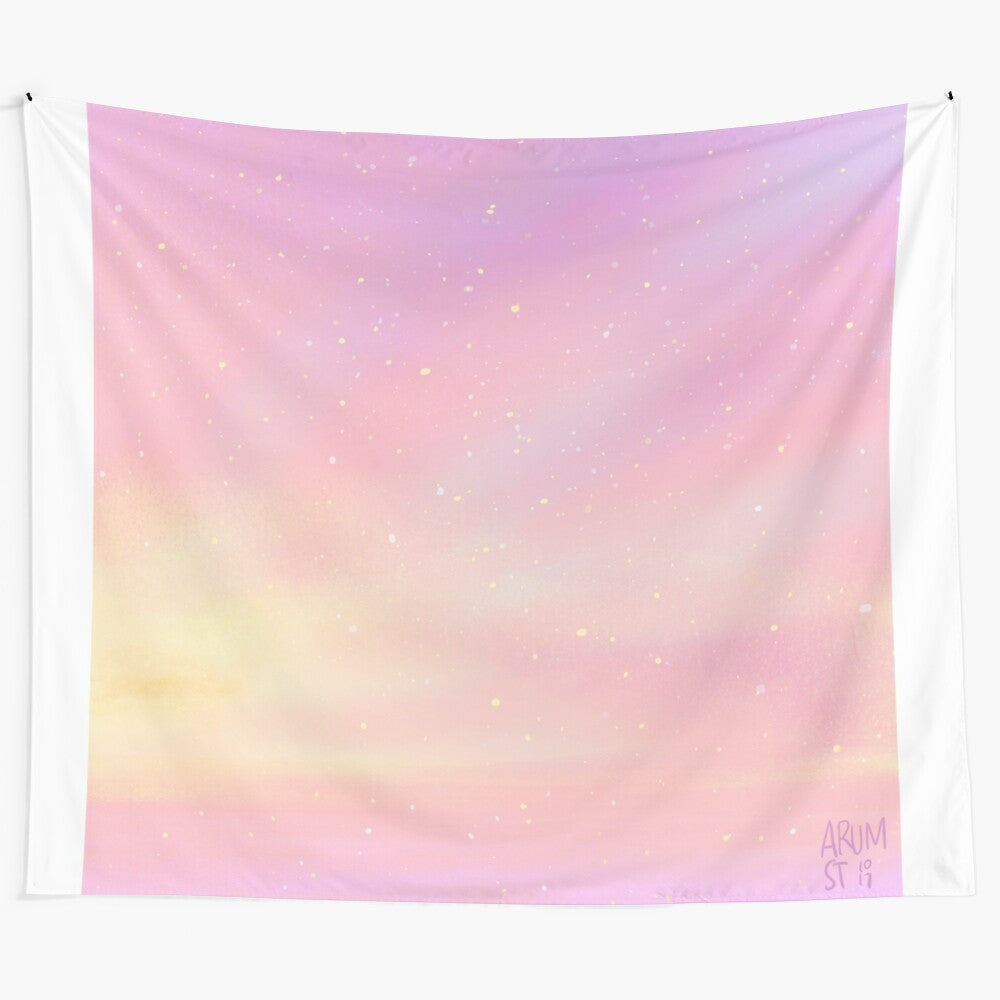 Bubblegum sky tapestry featuring a stunning pastel galaxy and starry landscape