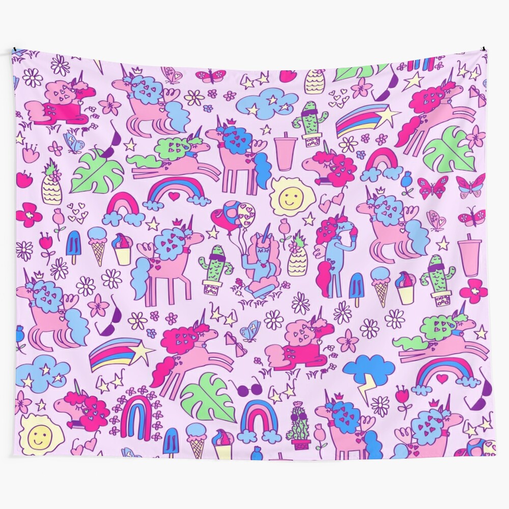 Whimsical doodle art tapestry featuring a magical unicorn pegasus horse and rainbow