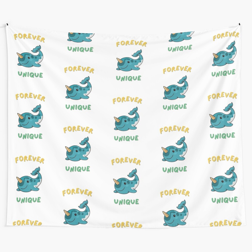 Vibrant tapestry featuring a whimsical scene with unicorns, dolphins, and whales