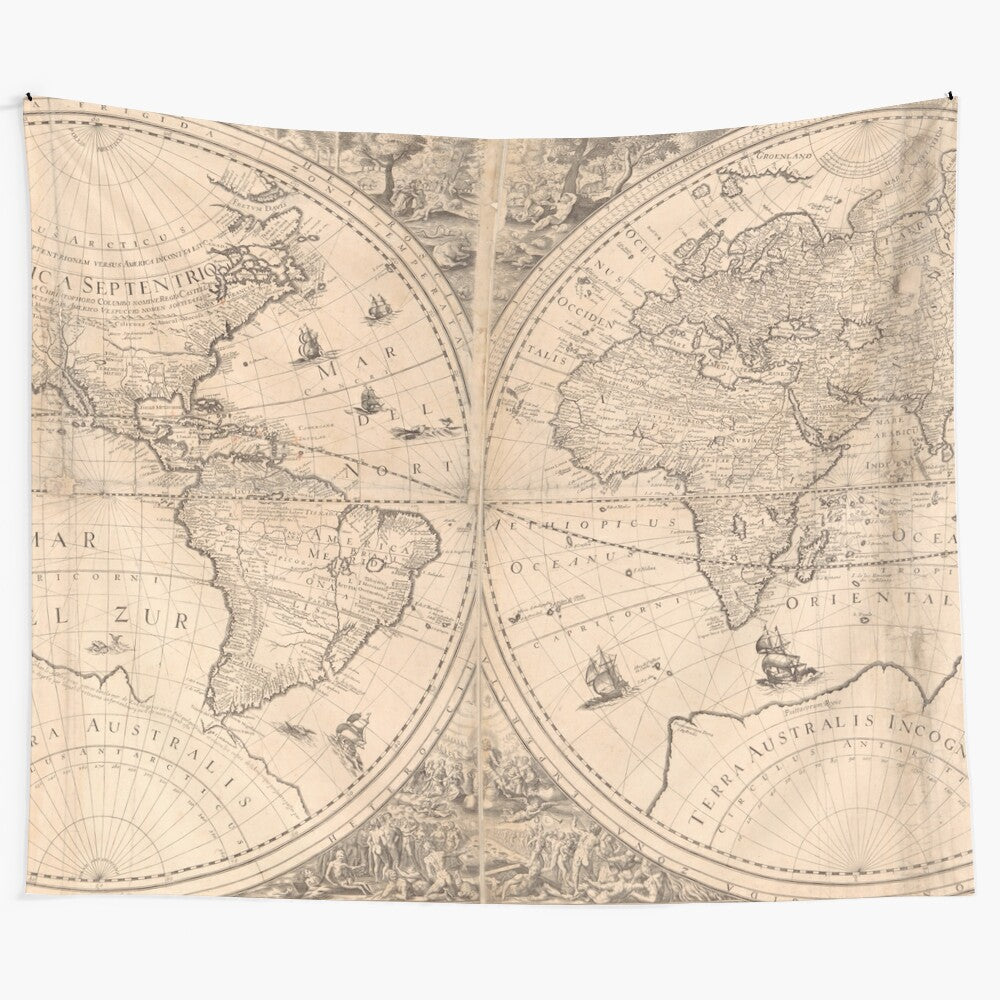 Vintage-style world map tapestry wall hanging