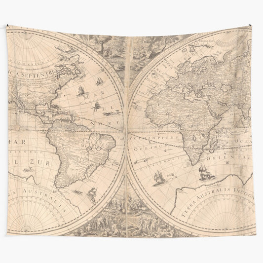 Vintage-style world map tapestry wall hanging