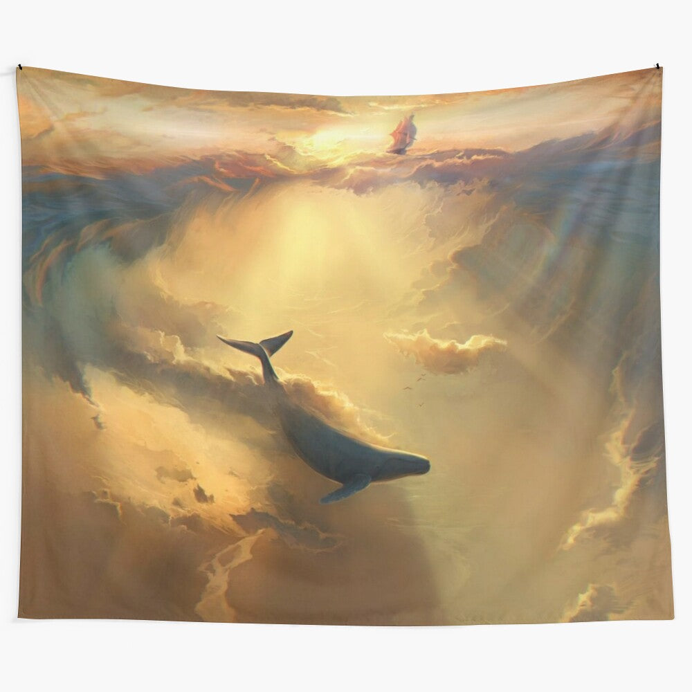 Whale art design tapestry featuring a whimsical underwater scene with whales, fish, and other marine life