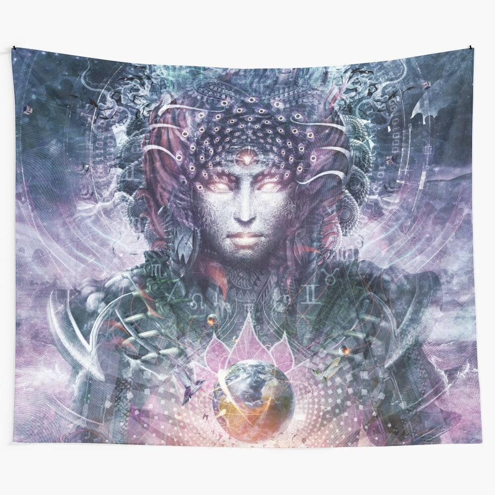 Visionary ocean atlas tapestry featuring a cosmic, spiritual landscape with mythological elements