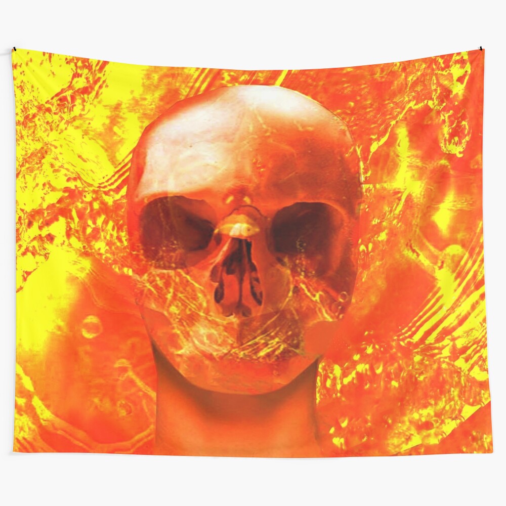 Captivating tapestry featuring a skull surrounded by a swirling, golden liquid backdrop