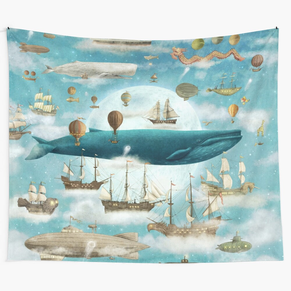 Enchanting ocean and sky tapestry featuring a blue whale, ships, and surreal underwater elements