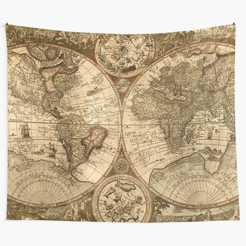 Vintage ancient map tapestry featuring a detailed world map design