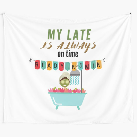 Vibrant tapestry design featuring a woman in a bathtub, showcasing the theme of being 'always on time'