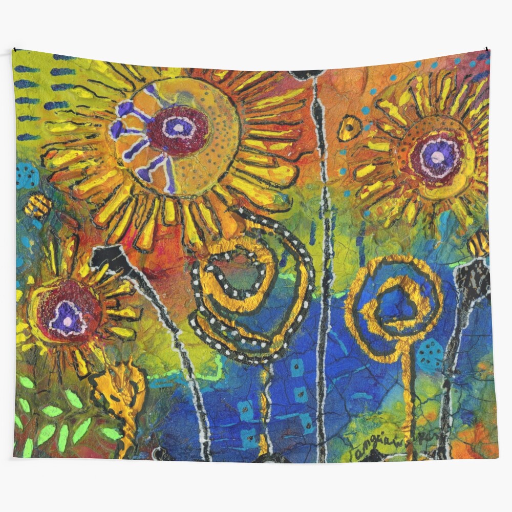 Vibrant abstract tapestry depicting a dreaming woman surrounded by nature and musical elements