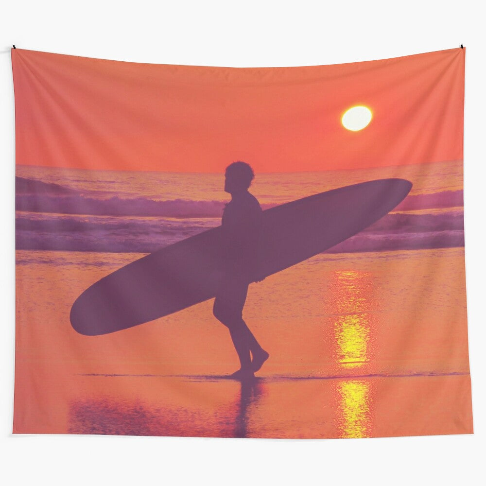 Surfer Sunset Tapestry - Vibrant Orange and Red Sunset with Silhouetted Surfer