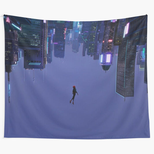 Tapestry depicting a superhero figure leaping through the night sky over a city skyline