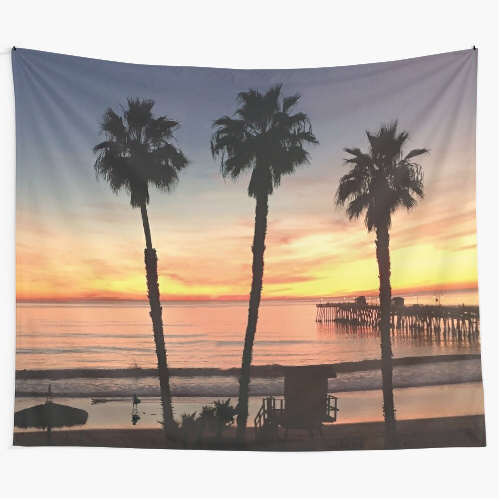 Vibrant beach sunset tapestry with palm trees and ocean waves