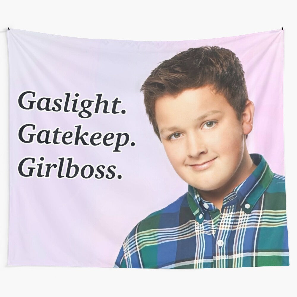 Vibrant "Gibby Gaslight Gatekeep Girlboss" tapestry featuring popular internet meme and cultural references