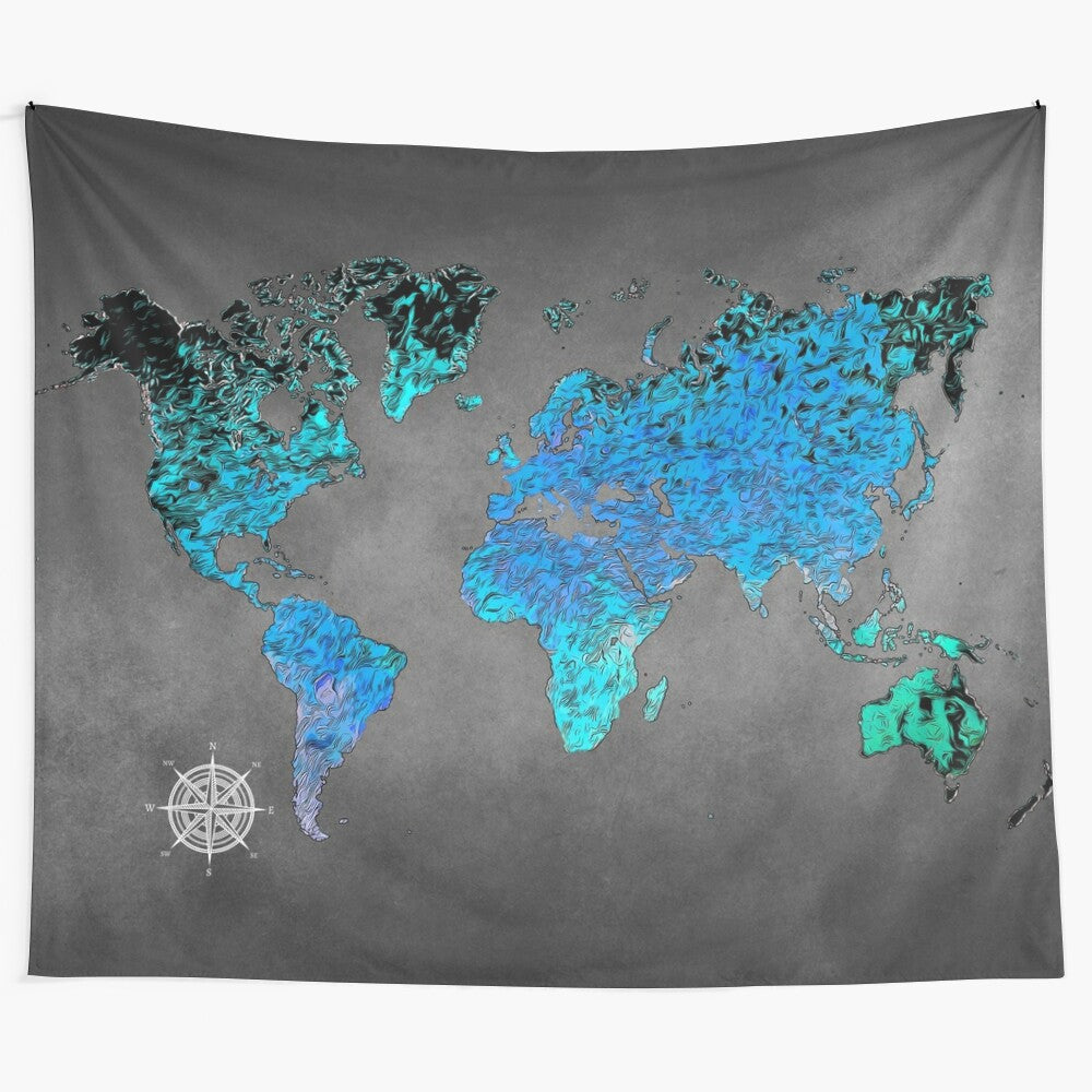 Colorful world map art tapestry featuring a vibrant blue watercolor design